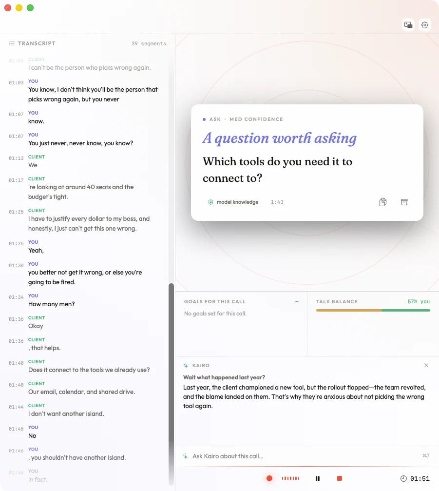 Kairo Notes during a live call — an Ask copilot card suggesting a smart question to ask, with an Ask Kairo answer expanded below the transcript and talk-balance meter
