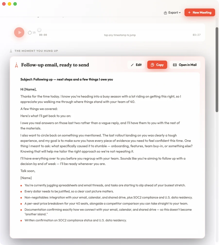 The Kairo Notes review screen the moment you hang up — a follow-up email drafted and ready to send, with Edit, Copy, and Open in Mail buttons