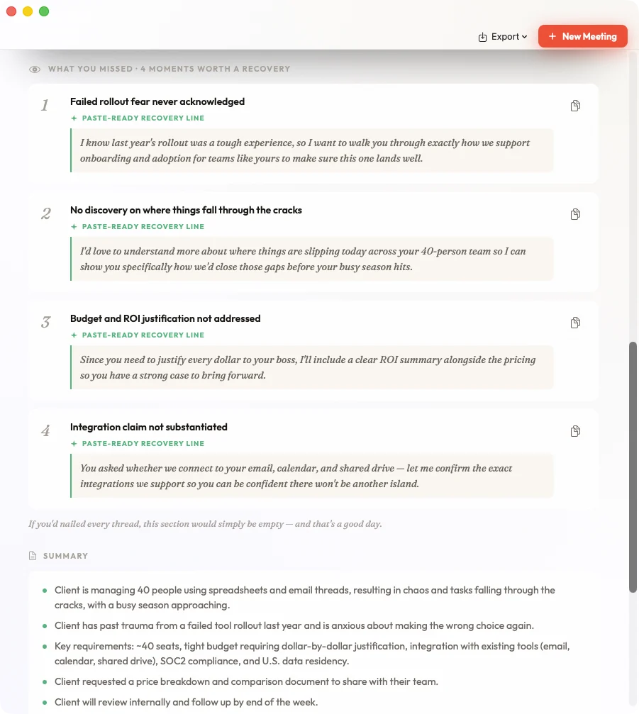 Kairo Notes debrief after the call — ‘What you missed’, four moments with paste-ready recovery lines, above the AI summary of the call